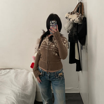 espirit brown x white winter print wool knit jacket with fur trim collar hood