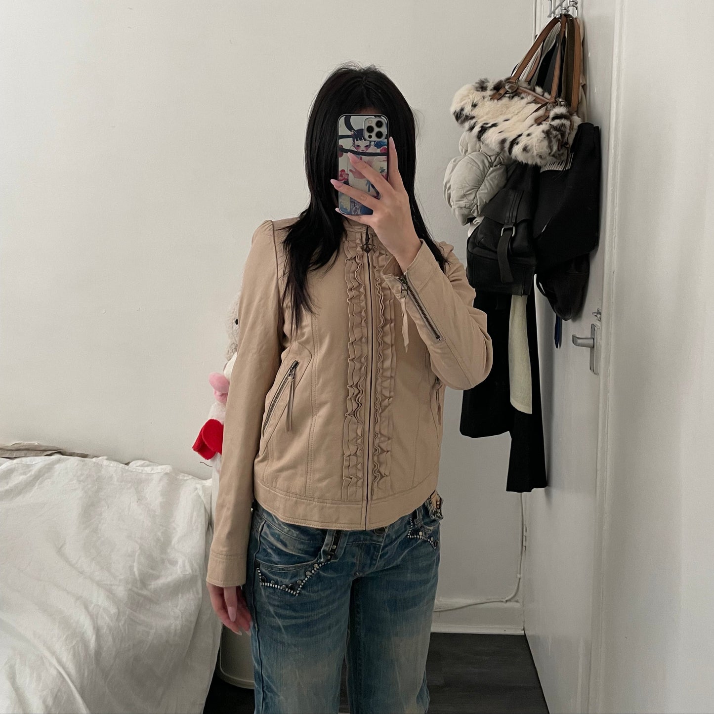 beige vintage rebecca taylor sheepskin leather ruffle jacket