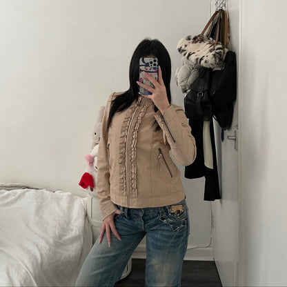 beige vintage rebecca taylor sheepskin leather ruffle jacket