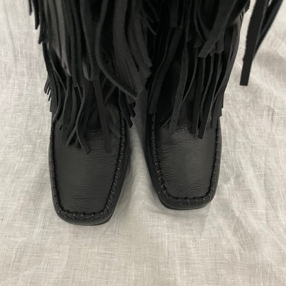 vintage western boho anna sui black leather tiered fringe heeled platform boots