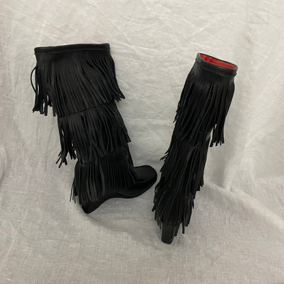 vintage western boho anna sui black leather tiered fringe heeled platform boots