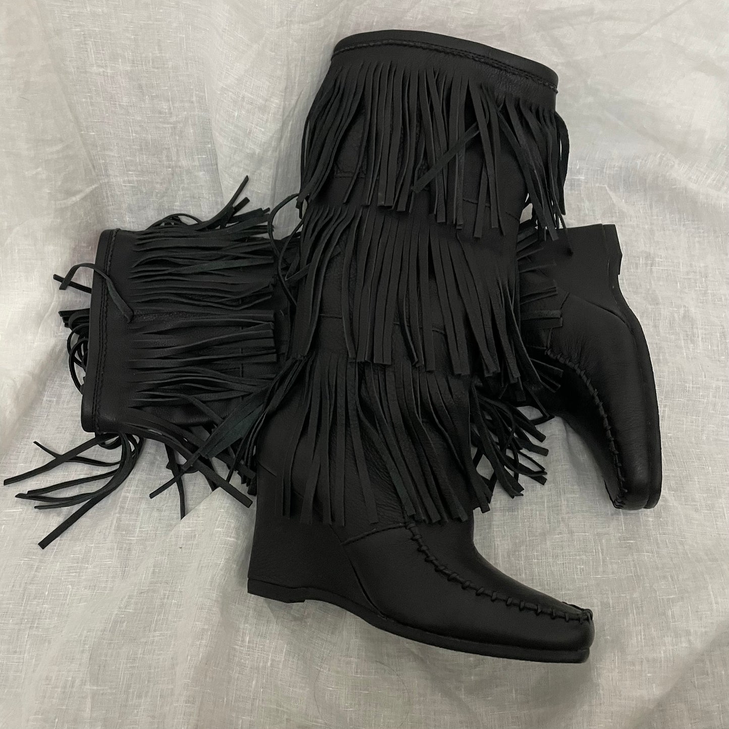 vintage western boho anna sui black leather tiered fringe heeled platform boots