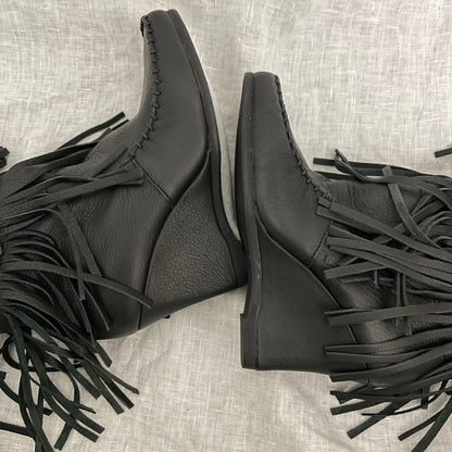 vintage western boho anna sui black leather tiered fringe heeled platform boots