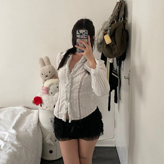 white morgan de toi lacey ruffle long sleeve blouse