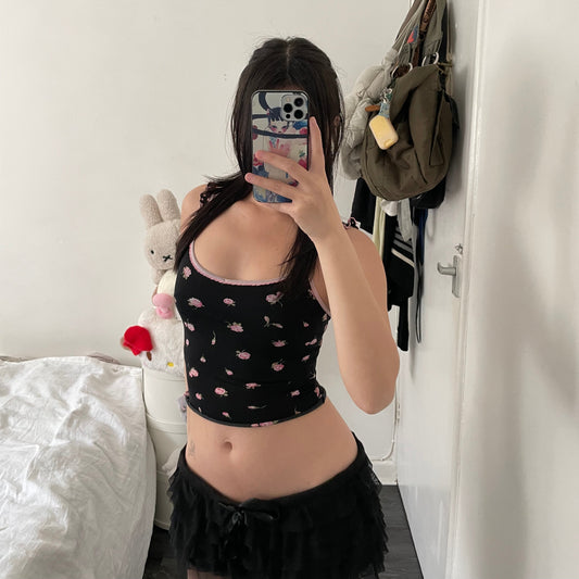 onyx black floral print pink picot trim camisole