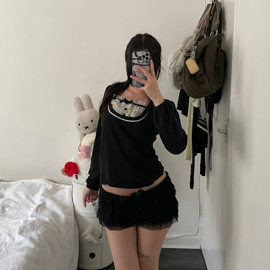 deary black long sleeve white lacey ruffle milkmaid neckline top