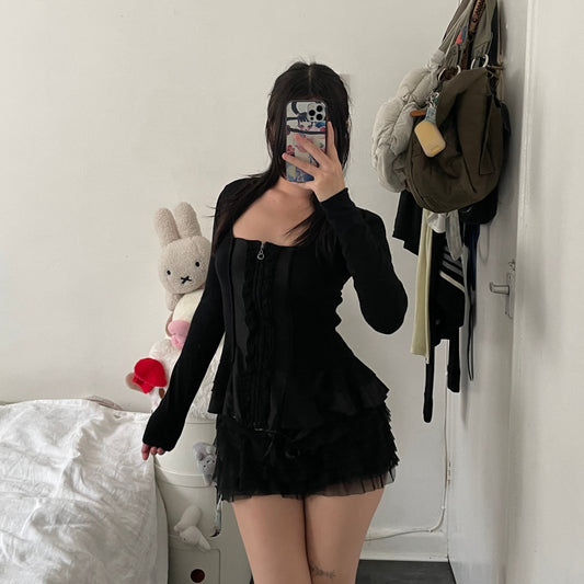 morgan de toi black frilly ruffle hem zip fitted long sleeve top