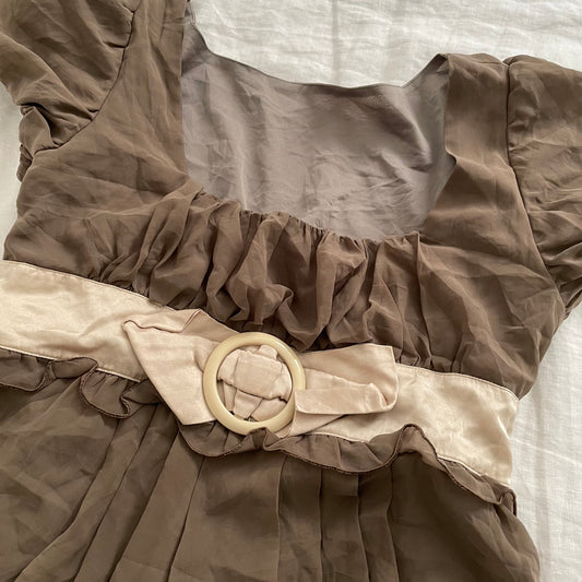 brown puff sleeve babydoll beige satin ribbon bow waist detail blouse