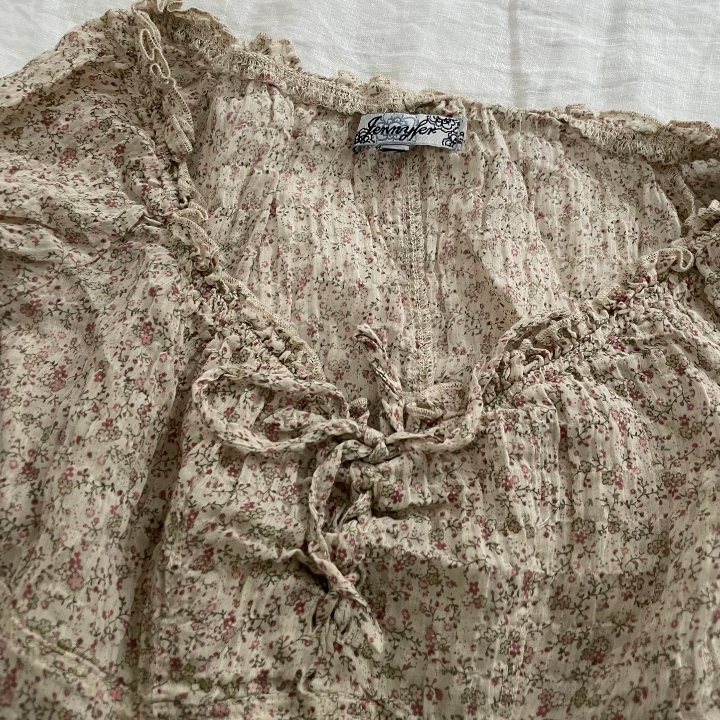 jennyfer boho prairie beige floral print ruched 3/4 sleeve blouse