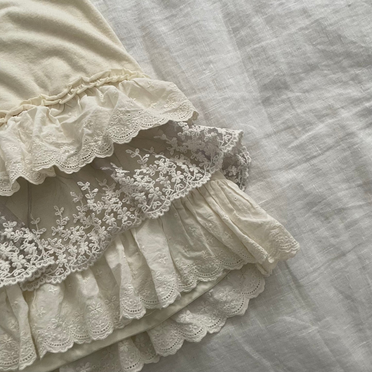 frolic coquette cream wide waistband ruffle broderie anglaise grey tulle mini skirt