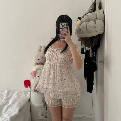 puff sleeve glacier white yellow red cherries orchard print babydoll tunic blouse