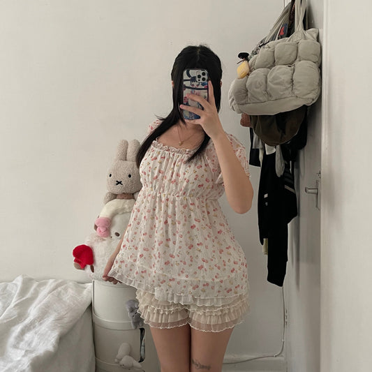 puff sleeve glacier white yellow red cherries orchard print babydoll tunic blouse