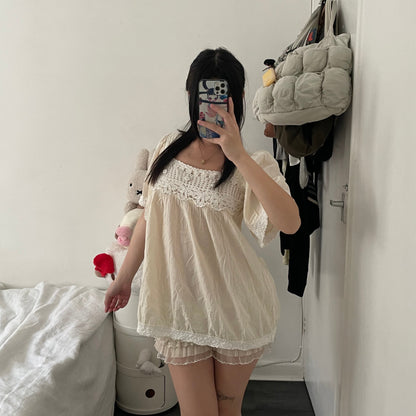 coquette butter yellow cream l'est rose white crochet lace puff sleeve flared babydoll tunic