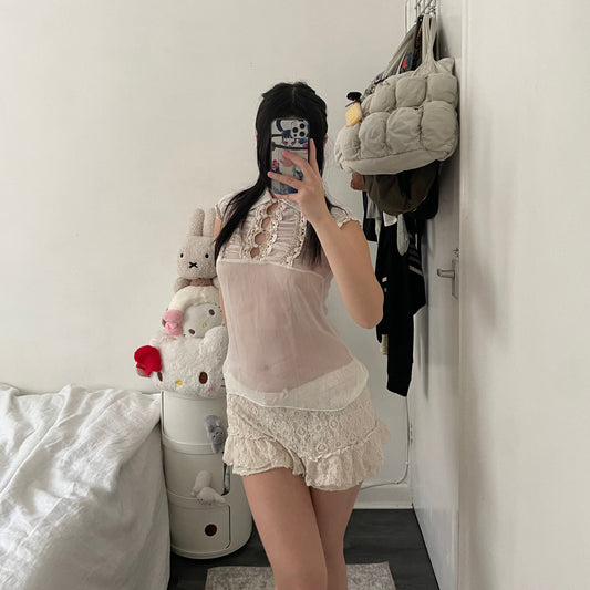 dainty balletcore white sheer puff sleeve beige embroidery lace ruched bust blouse
