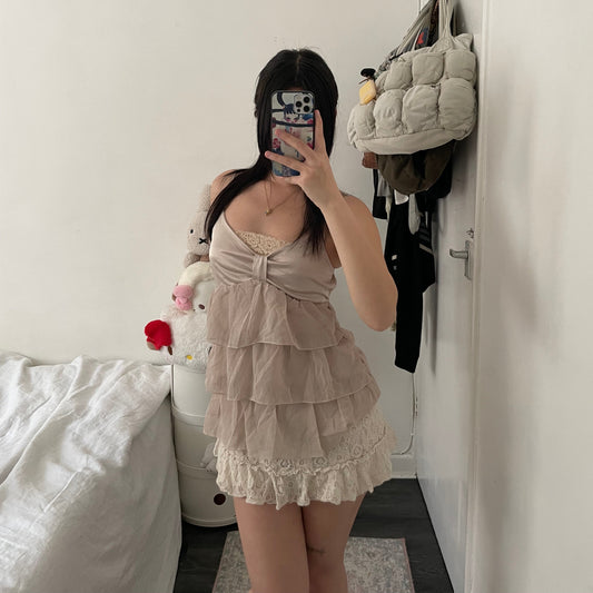 reormix taupe satin tiered tulle babydoll camisole