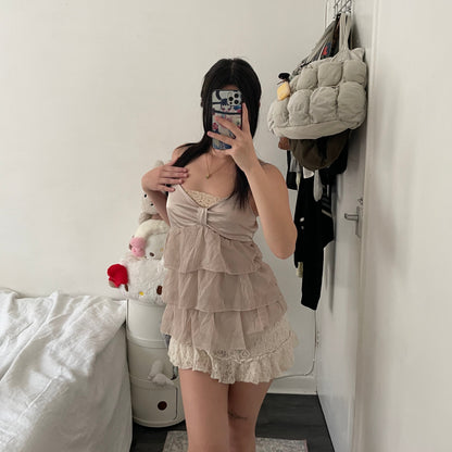 reormix taupe satin tiered tulle babydoll camisole