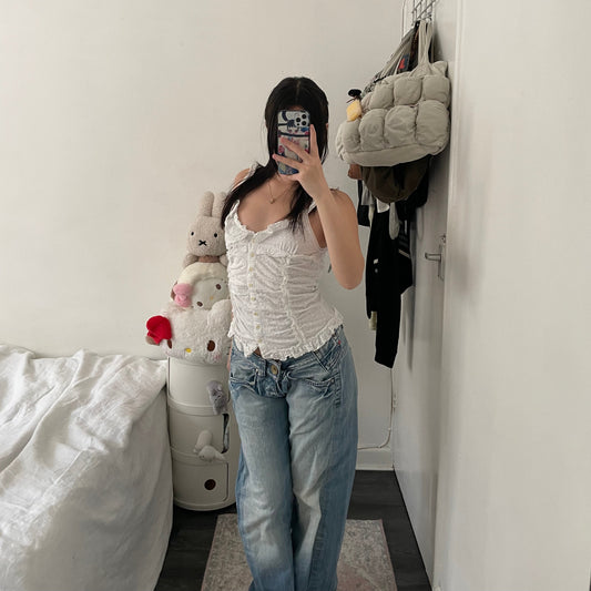 sheer cottage white frill strap milkmaid button corset style top