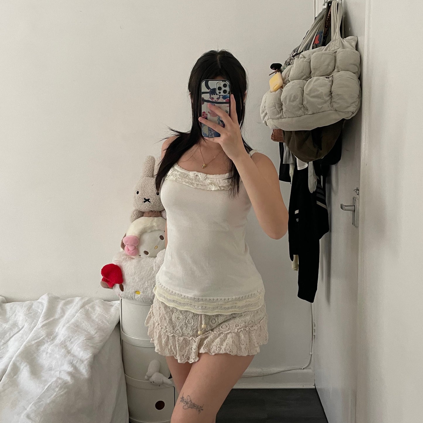 laisse passe white cream coquette cottage ruffle and pointelle camisole
