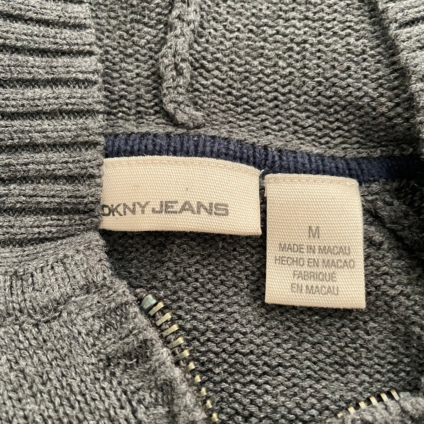 grey dkny jeans long sleeve zip knit hoodie jacket with large navy print