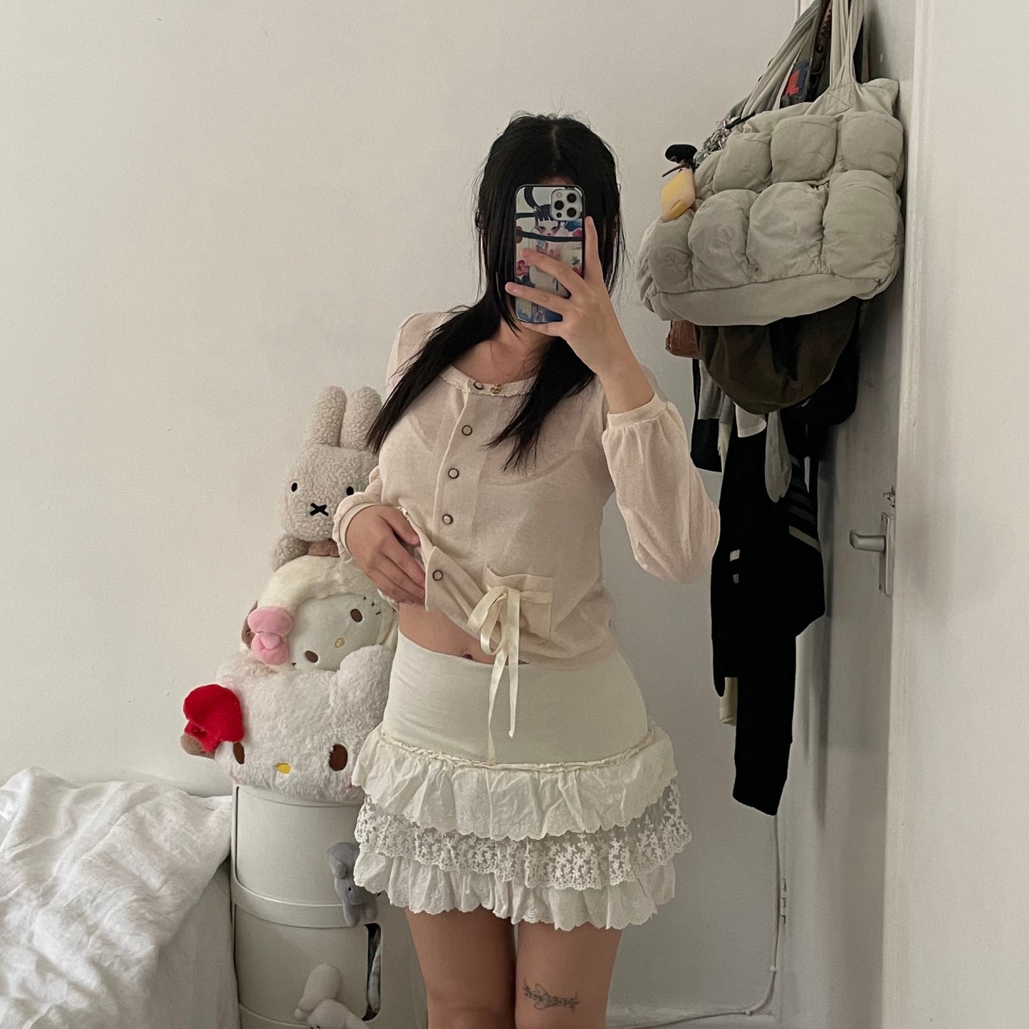 frolic coquette cream wide waistband ruffle broderie anglaise grey tulle mini skirt