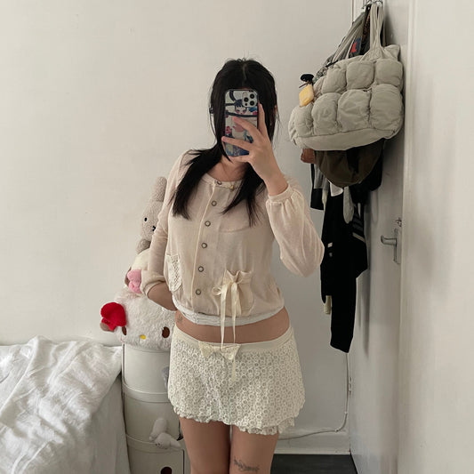cottage dolly ribbon cream lacey mini skirt with built in shorts