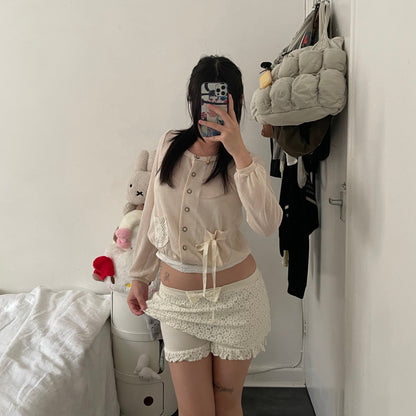 cottage dolly ribbon cream lacey mini skirt with built in shorts