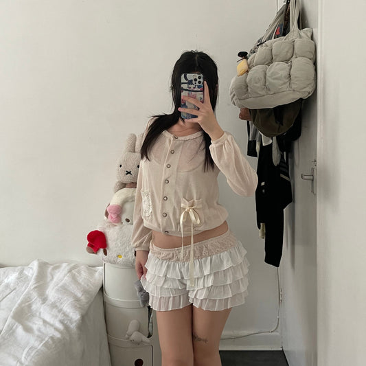 coquette white sheer ruffle tiered beige lace waistband bloomer shorts