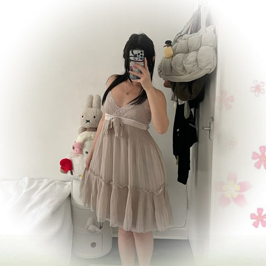 romantic greige axes femmes lacey pleated midi dress