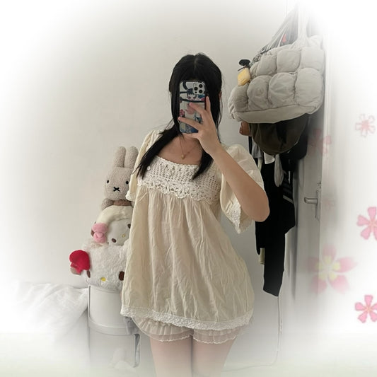 coquette butter yellow cream l'est rose white crochet lace puff sleeve flared babydoll tunic