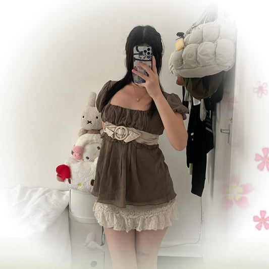 brown puff sleeve babydoll beige satin ribbon bow waist detail blouse