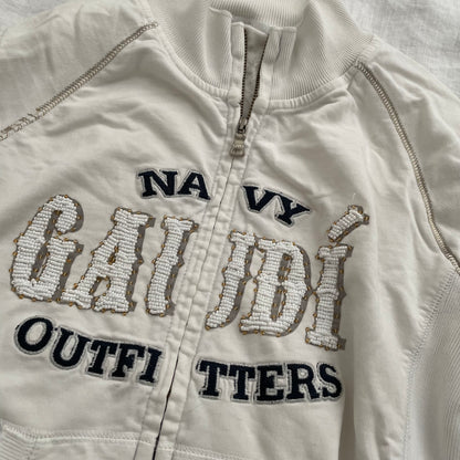 vintage gaudi white long sleeve zip jacket with beaded embroidery text