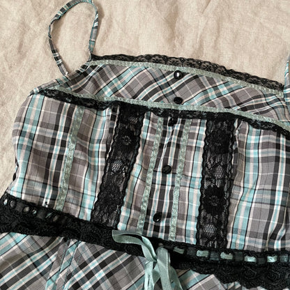 black blue checkered milkmaid style babydoll camisole