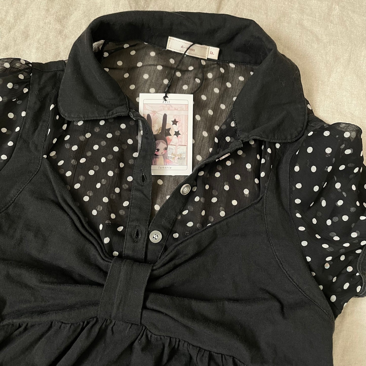 a-dress black polka dot collared puff sleeve blouse x ruched camisole two in one top