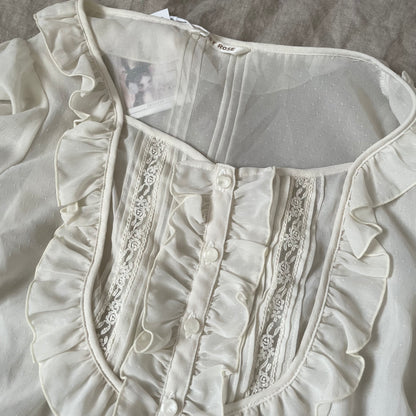 coquette balletcore off white sheer l'est rose frilly milkmaid style puff sleeve blouse