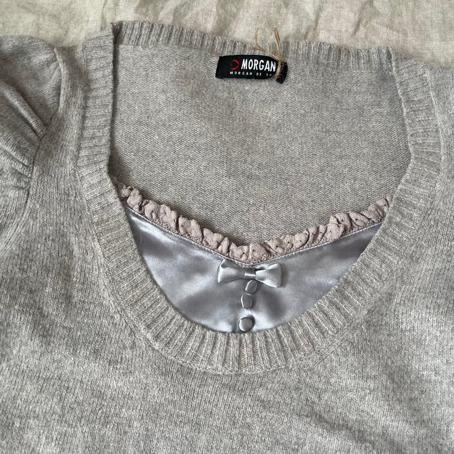 preppy dark coquette morgan de toi wool blend grey puff sleeve knit