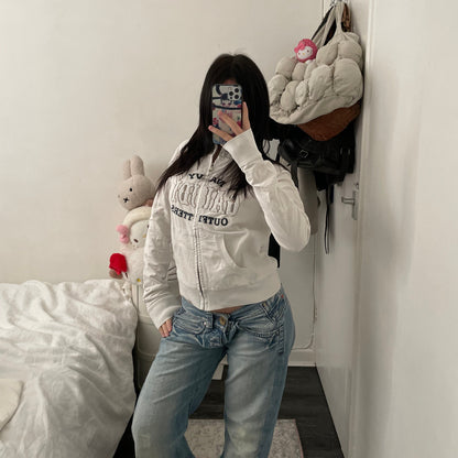 vintage gaudi white long sleeve zip jacket with beaded embroidery text