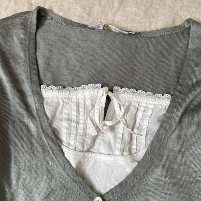 galeries lafayette grey milkmaid style faux layered white blouse + long sleeve two in one top