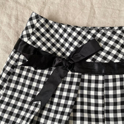 preppy ring black white gingham check print pleated mini skirt with waist ribbon