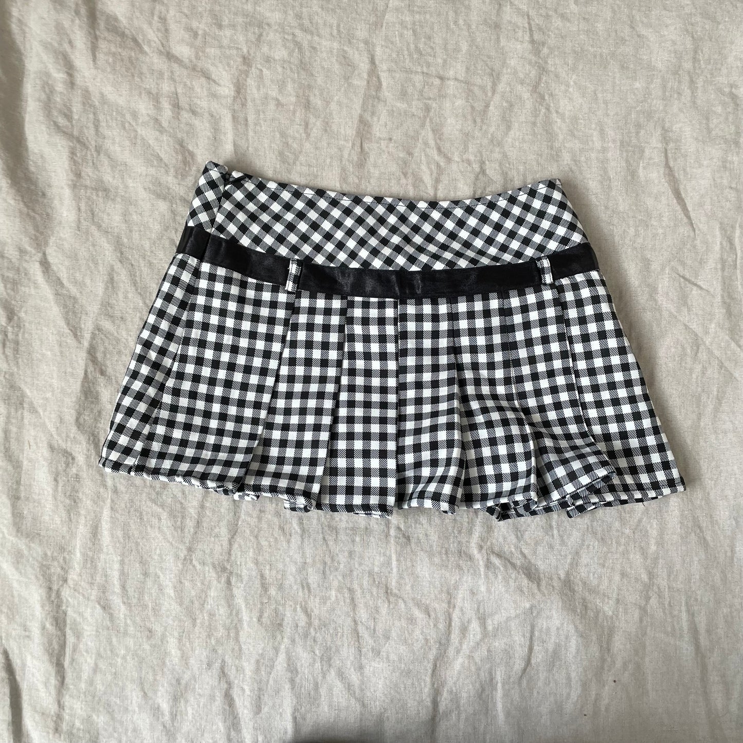 preppy ring black white gingham check print pleated mini skirt with waist ribbon