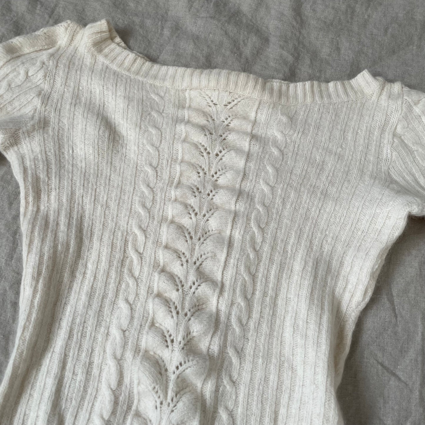 white espada wide shoulder cable x pointelle knit sweater