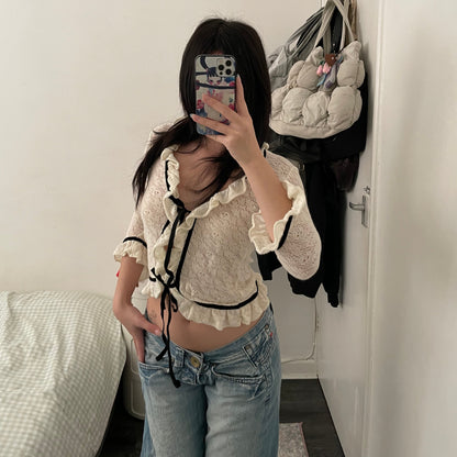 coquette romantic off white lacey knit crop bolero cardigan