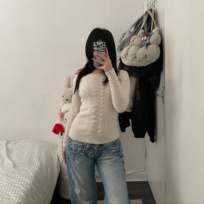 white espada wide shoulder cable x pointelle knit sweater