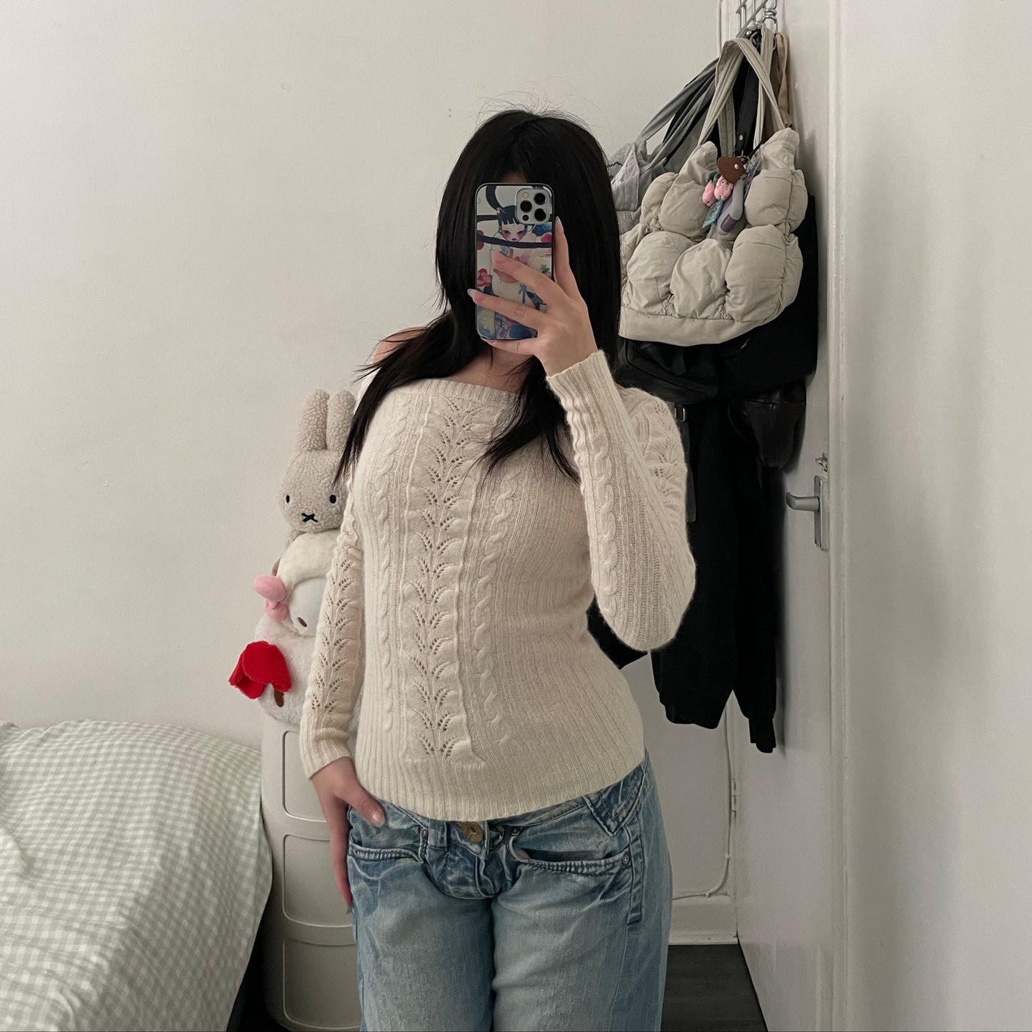 white espada wide shoulder cable x pointelle knit sweater