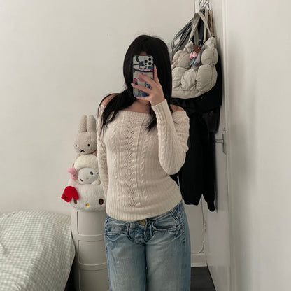 white espada wide shoulder cable x pointelle knit sweater