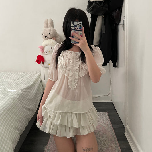 coquette balletcore off white sheer l'est rose frilly milkmaid style puff sleeve blouse