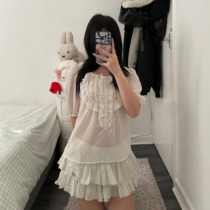 coquette balletcore off white sheer l'est rose frilly milkmaid style puff sleeve blouse