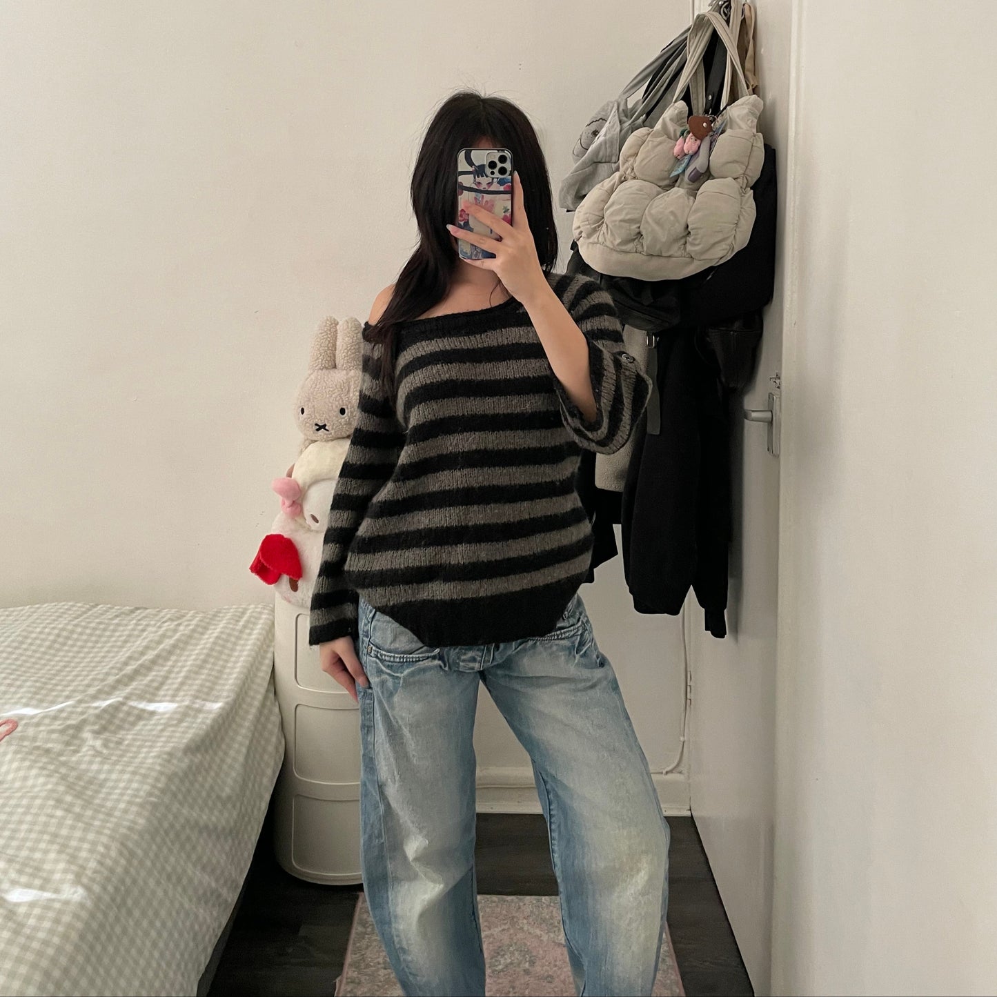 black grey grunge sleaze indie mohair blend lowrys farm striped wide neck knit jumper