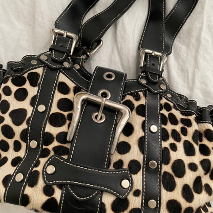 vintage gaia's leather pony hair dalmatian print shoulder bag with buckle detail