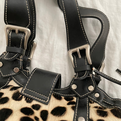 vintage gaia's leather pony hair dalmatian print shoulder bag with buckle detail