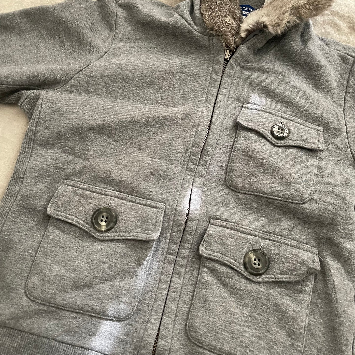 preppy y2k burberry blue label grey zip hooded jacket with rabbit fur trim and button detail